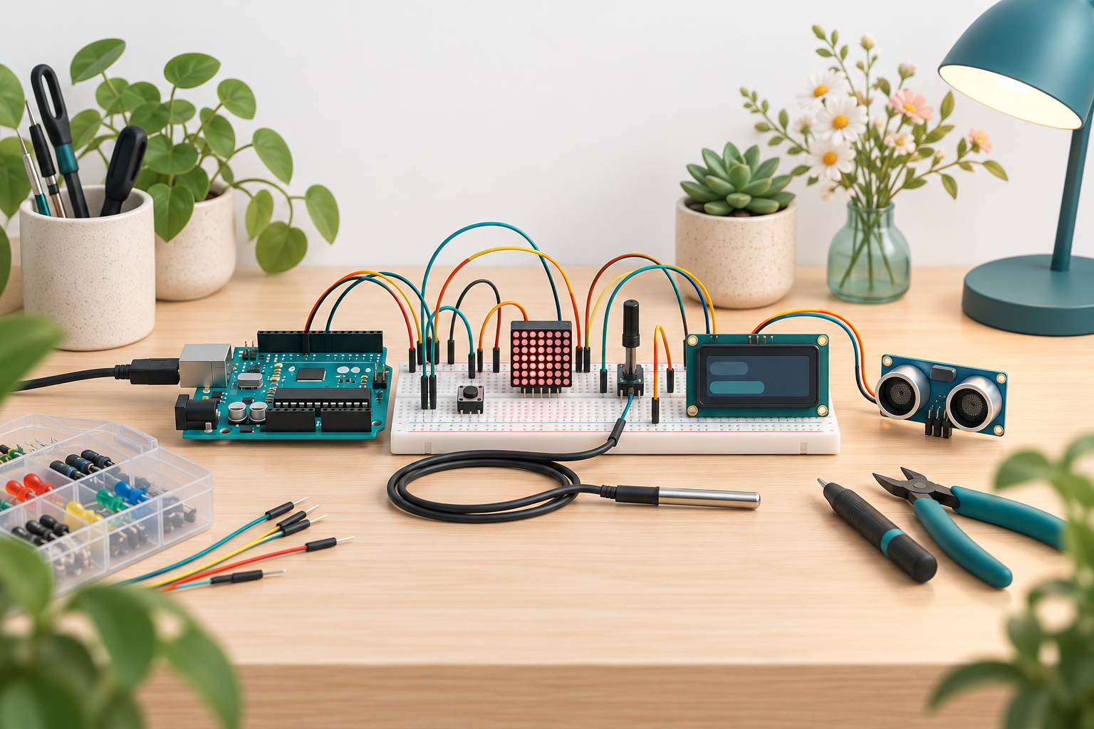 Conceptual electronics workbench with microcontroller boards, a breadboard, LED matrix, temperature probe, ultrasonic sensor and small display.