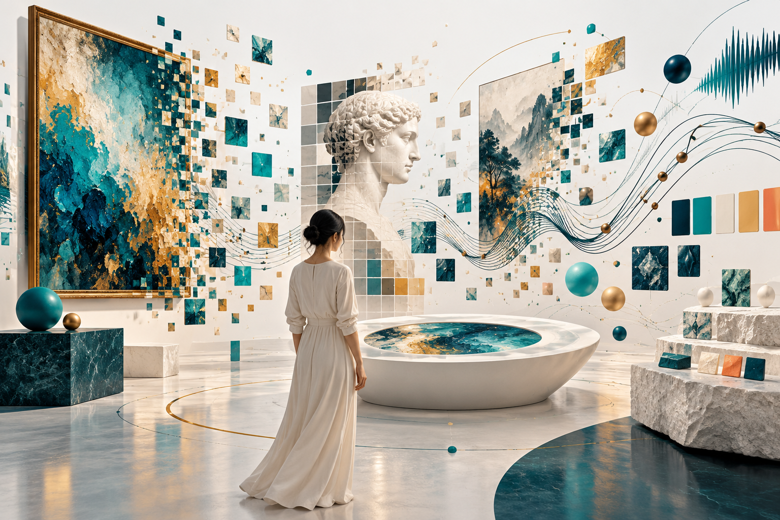 Conceptual museum laboratory connecting original abstract paintings, mosaics, color swatches and sound waves.