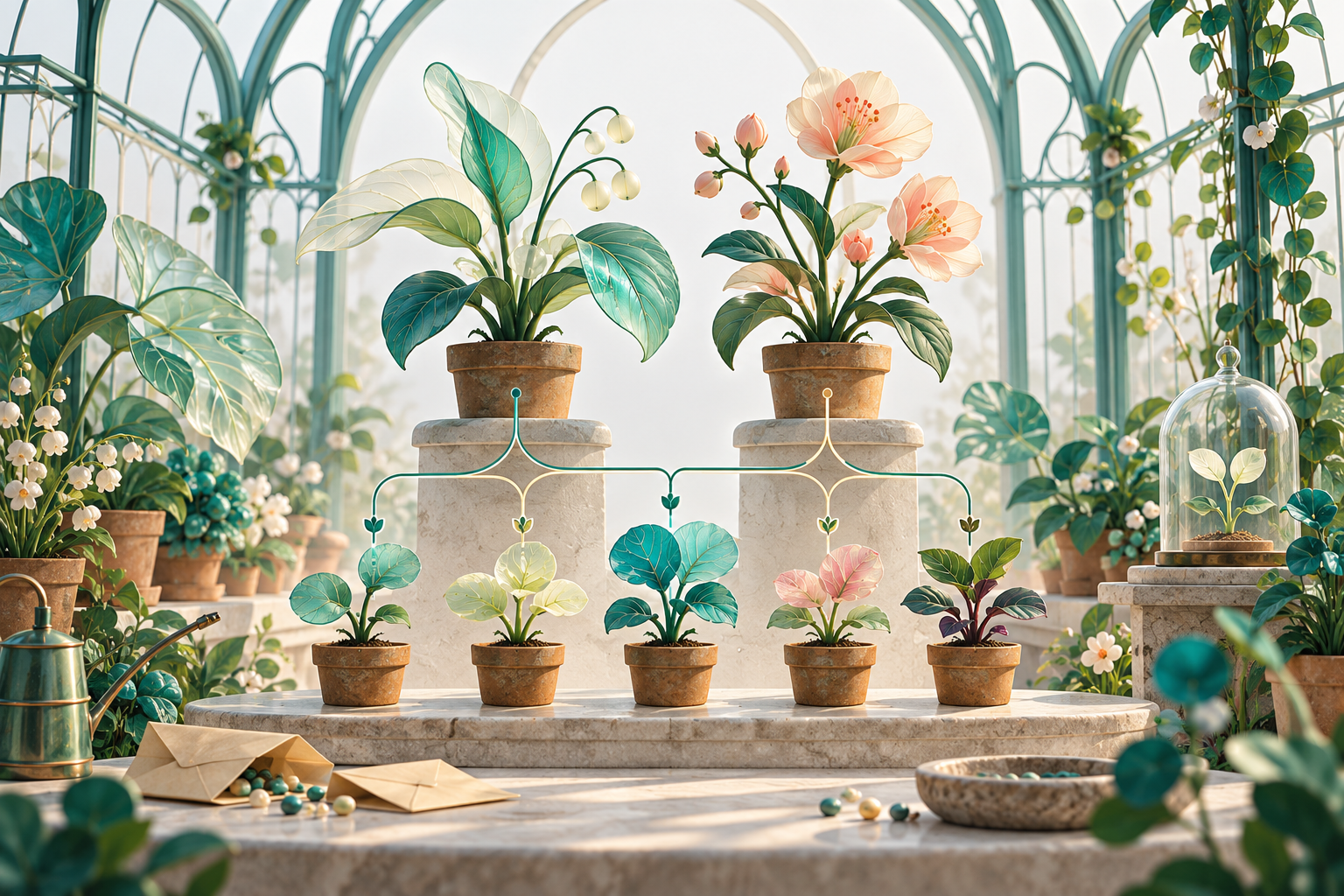 Conceptual illustrated greenhouse with varied plants, parent-to-seedling inheritance lines and seed envelopes.
