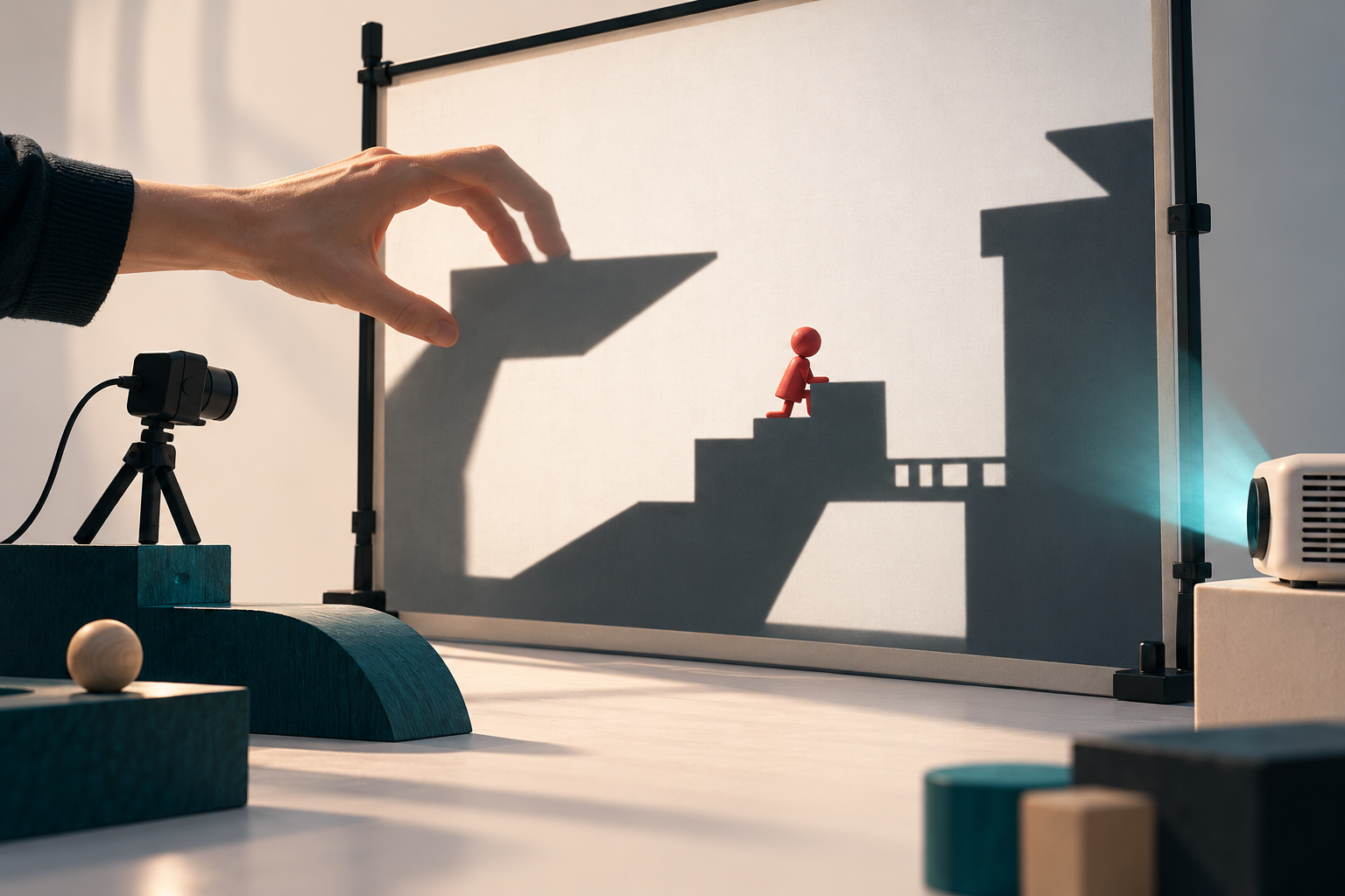 Conceptual illustration of a small red character climbing shadow platforms on a projection surface beside a hand, camera and projector.
