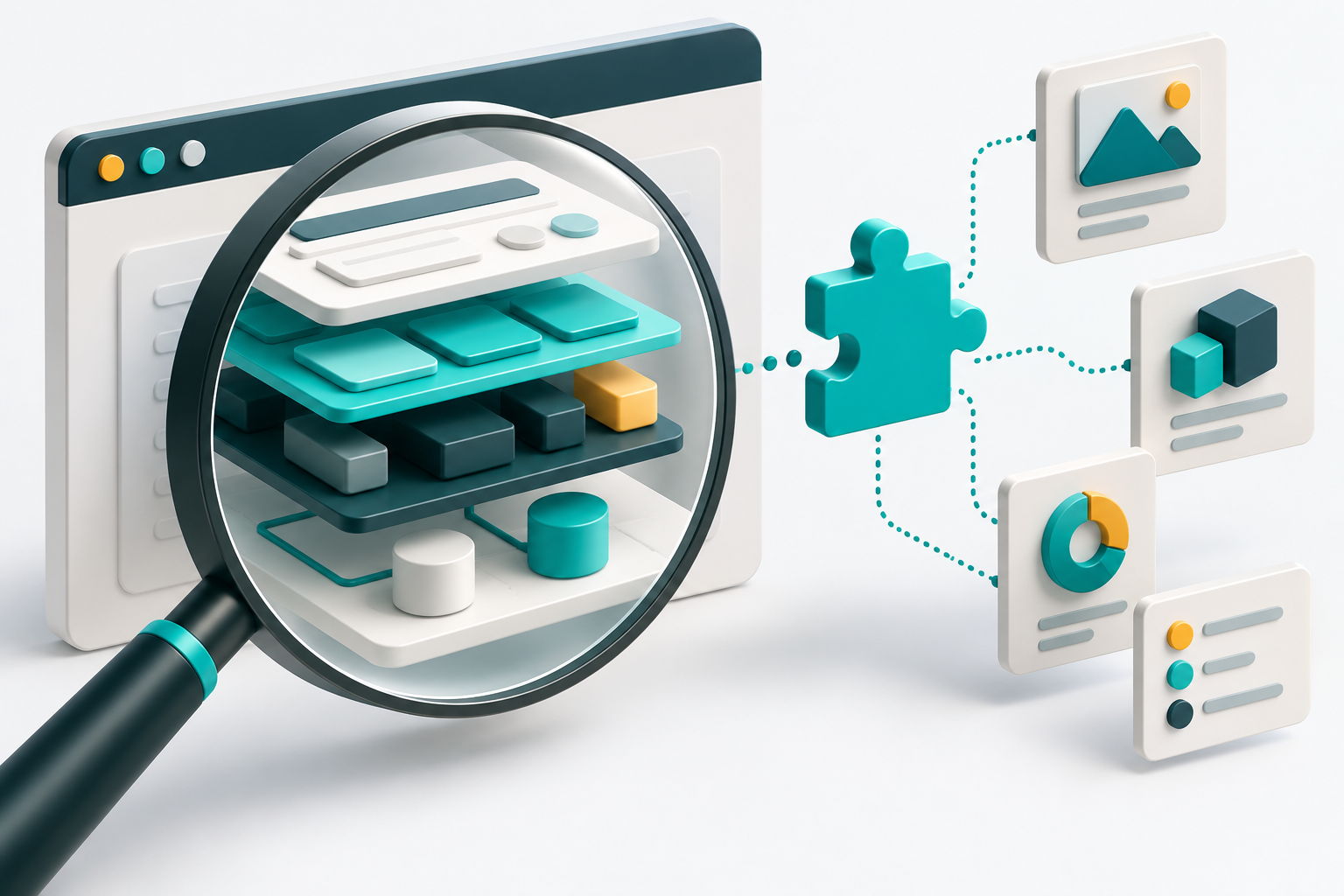 Conceptual magnifying lens revealing layered web technology blocks and connected catalog cards.