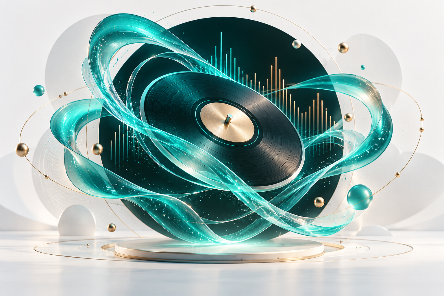 Conceptual audio visualizer with luminous turquoise fractal ribbons, an audio disc and equalizer-like forms.