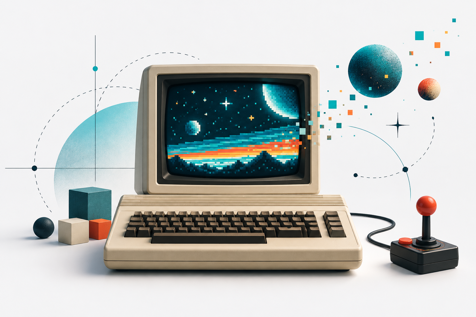 Conceptual illustration of a beige retro home computer, colorful pixel graphics and a joystick.