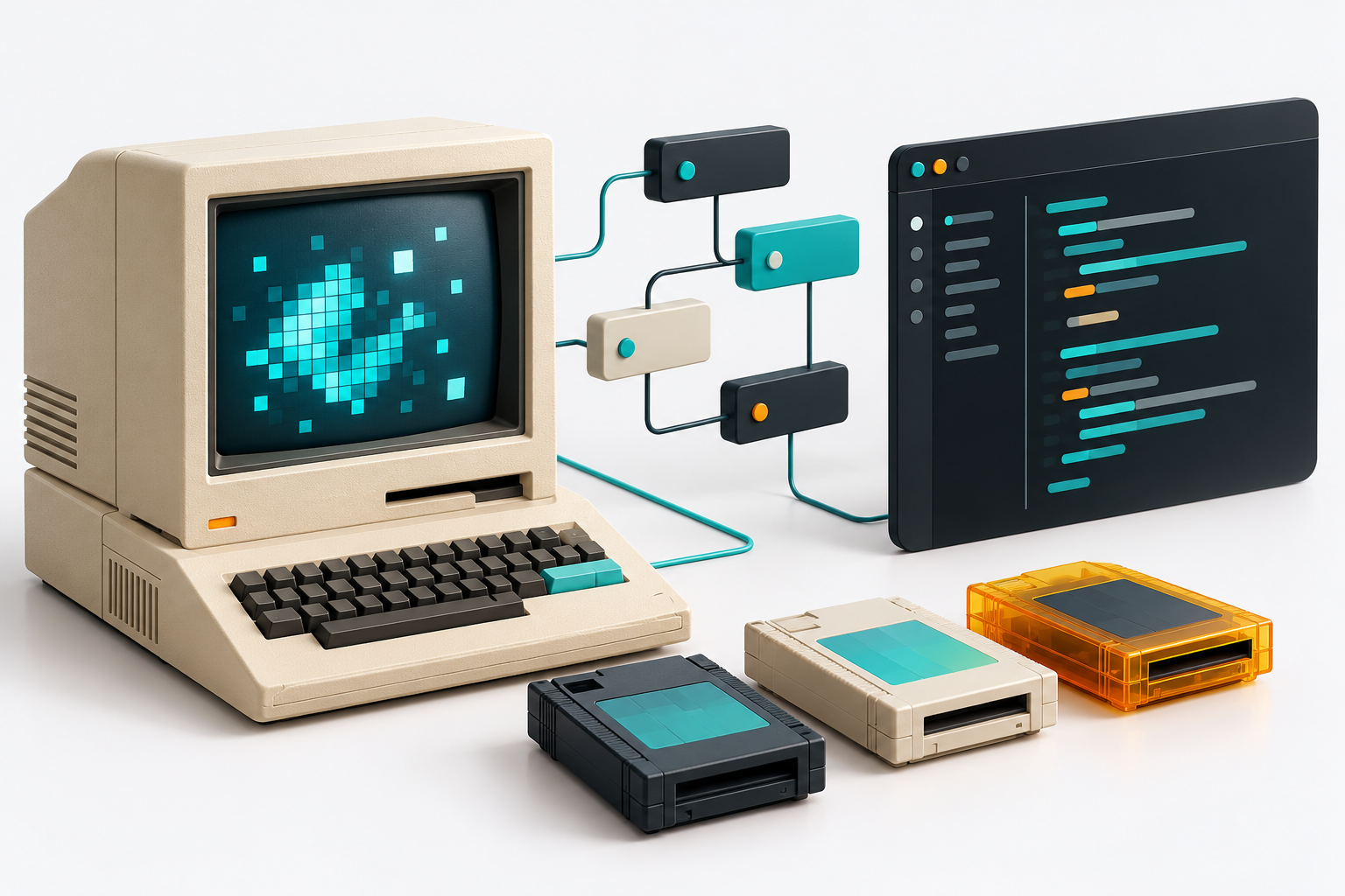 Conceptual vintage computer beside a modern code-editor panel, program blocks and cartridge-like forms.