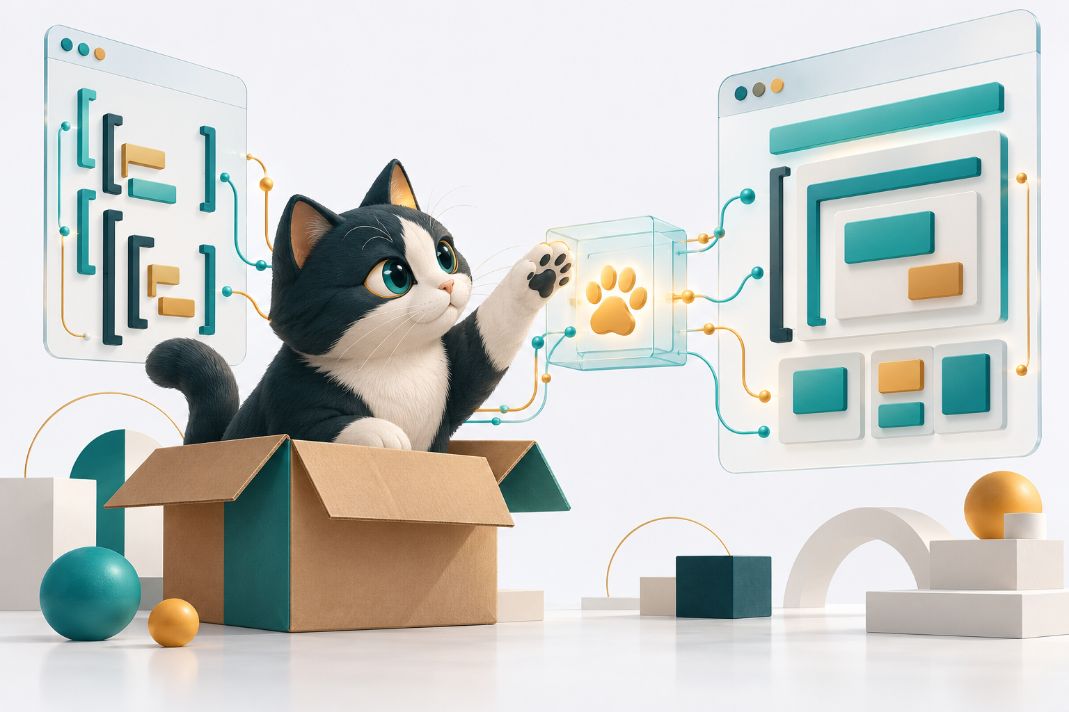 Conceptual illustration of a cat in a cardboard box translating nested markup shapes into a browser-like layout.