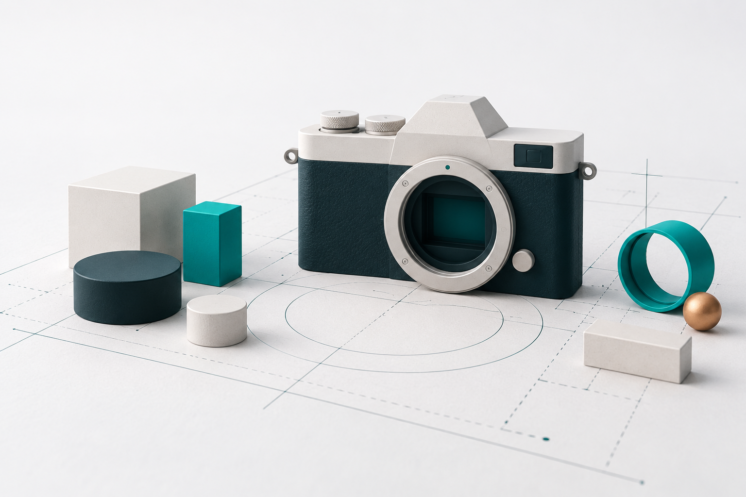 Conceptual camera form and unassembled geometric building blocks on a quiet drafting surface.