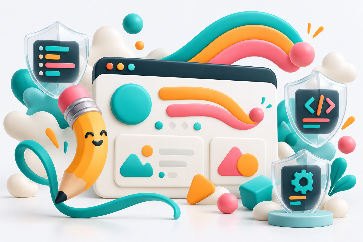 Conceptual playful browser window with rounded typography shapes, a pencil, rainbow ribbons and protected code and icon panels.
