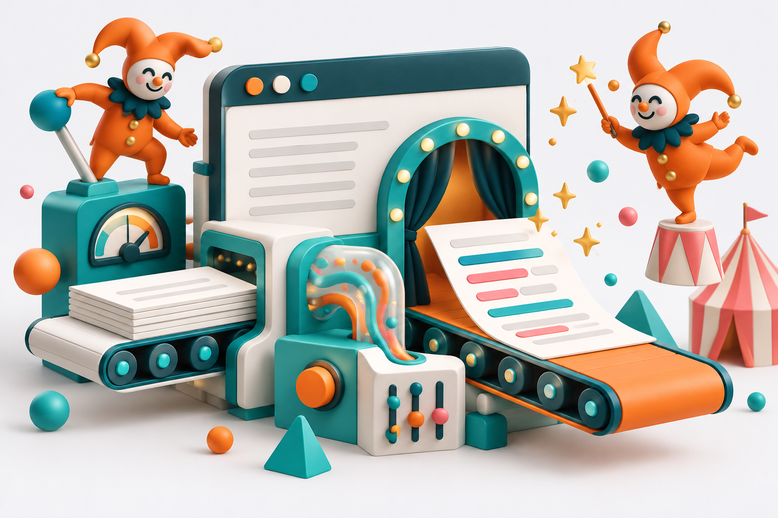 Conceptual browser text-transformation machine with orange theatrical jesters and a small circus motif.