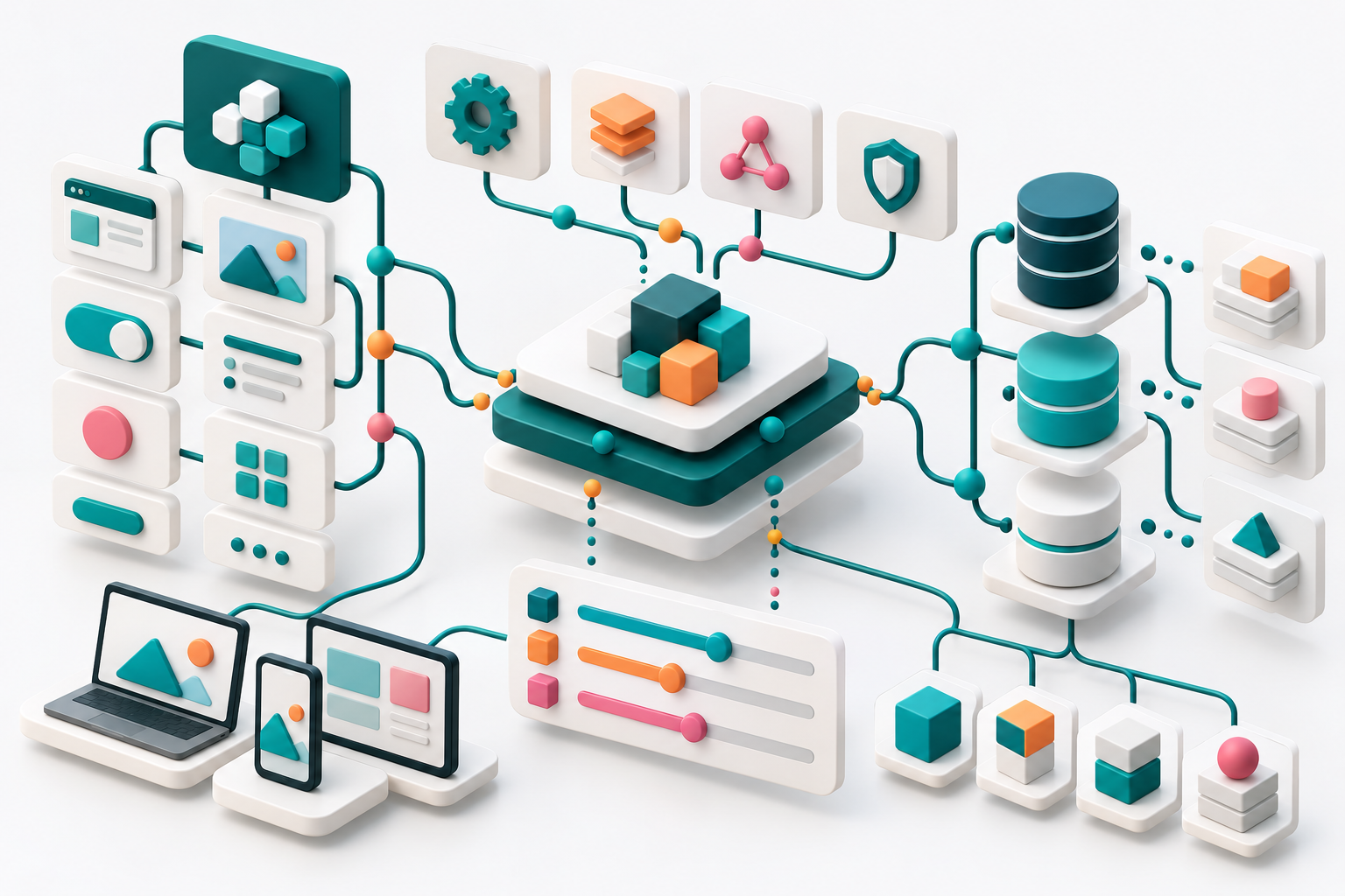 Conceptual atlas of connected technology cards, modular application blocks, comparison controls and database layers.