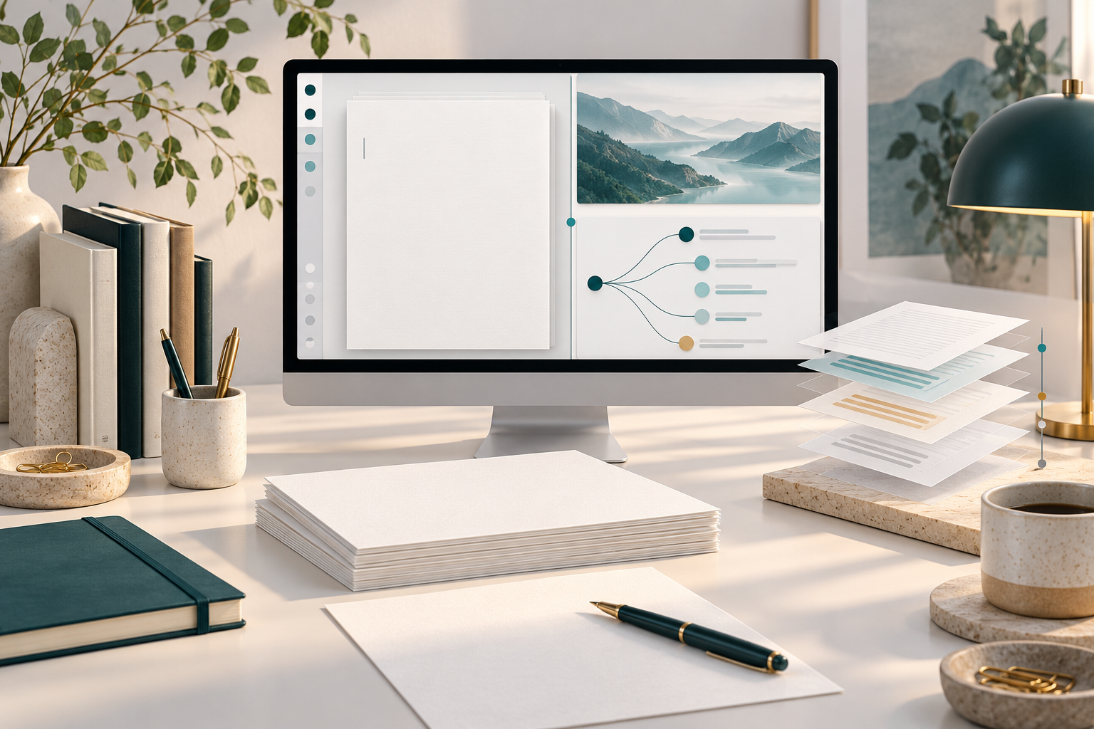 Conceptual desktop writing workspace with split document panels, manuscript pages and a branching diagram.