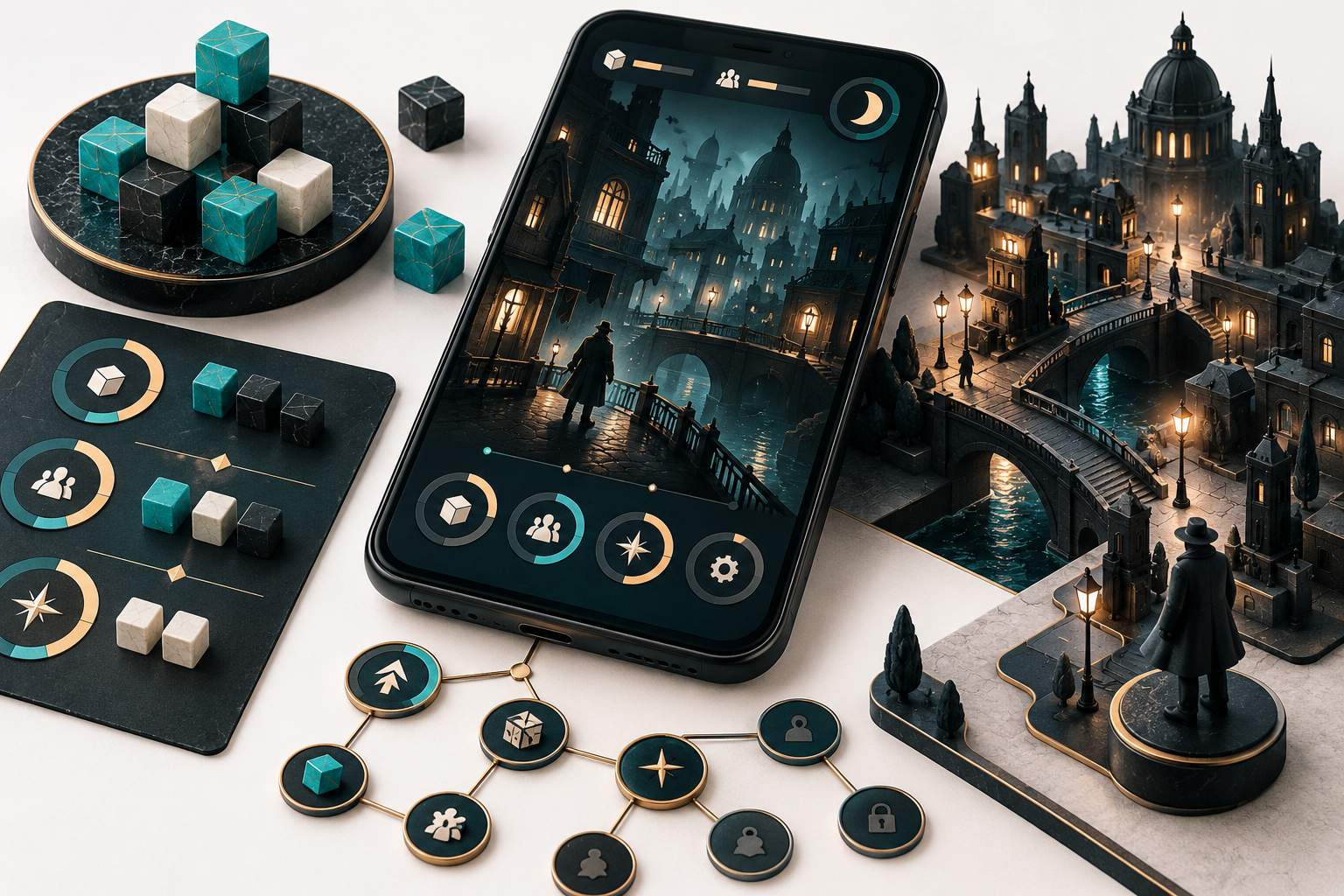Conceptual noir phone-game scene with resource cubes, progress rings and branching upgrade nodes.