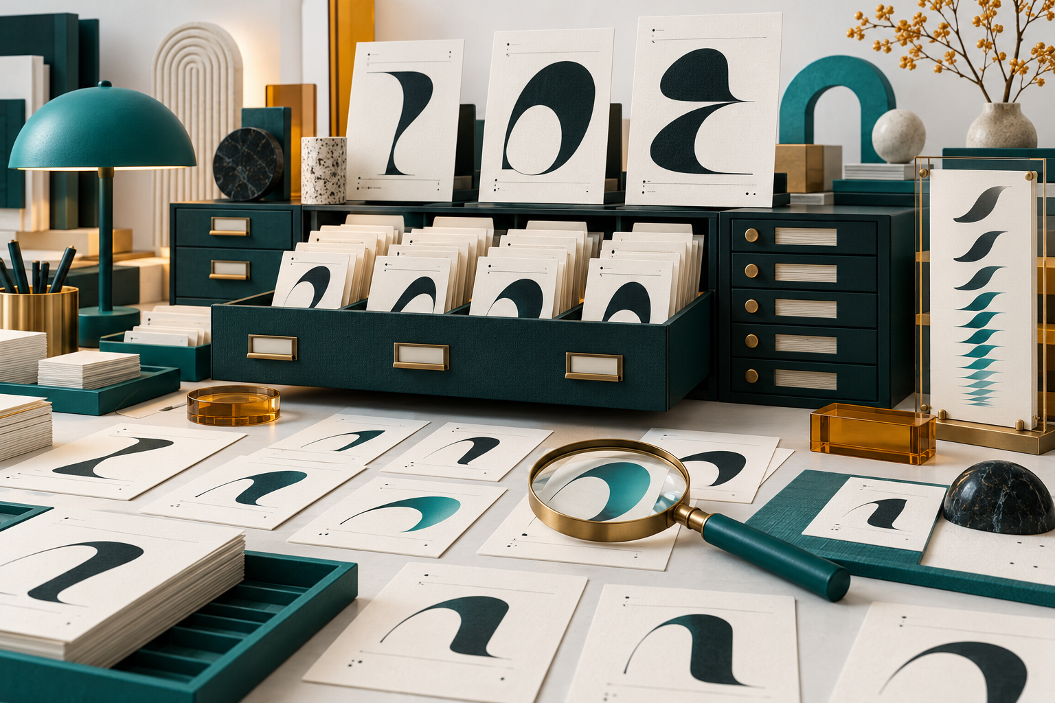 Conceptual font archive with specimen cards, variable glyph forms, organized drawers and a magnifying lens.