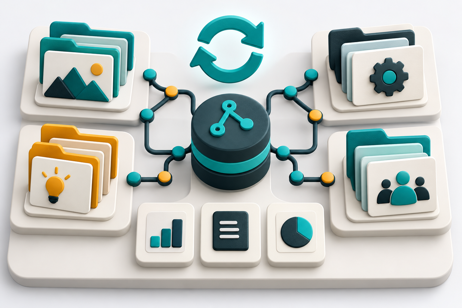 Conceptual repository atlas with categorized cards, version-control branches and a refresh symbol.