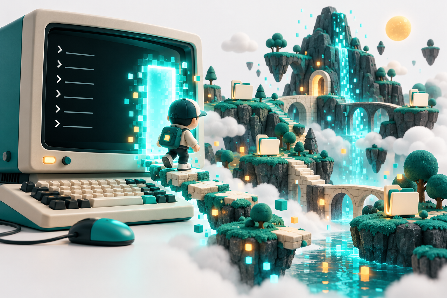 Conceptual retro terminal opening into an imaginary world of virtual folders and glowing pixel rain.