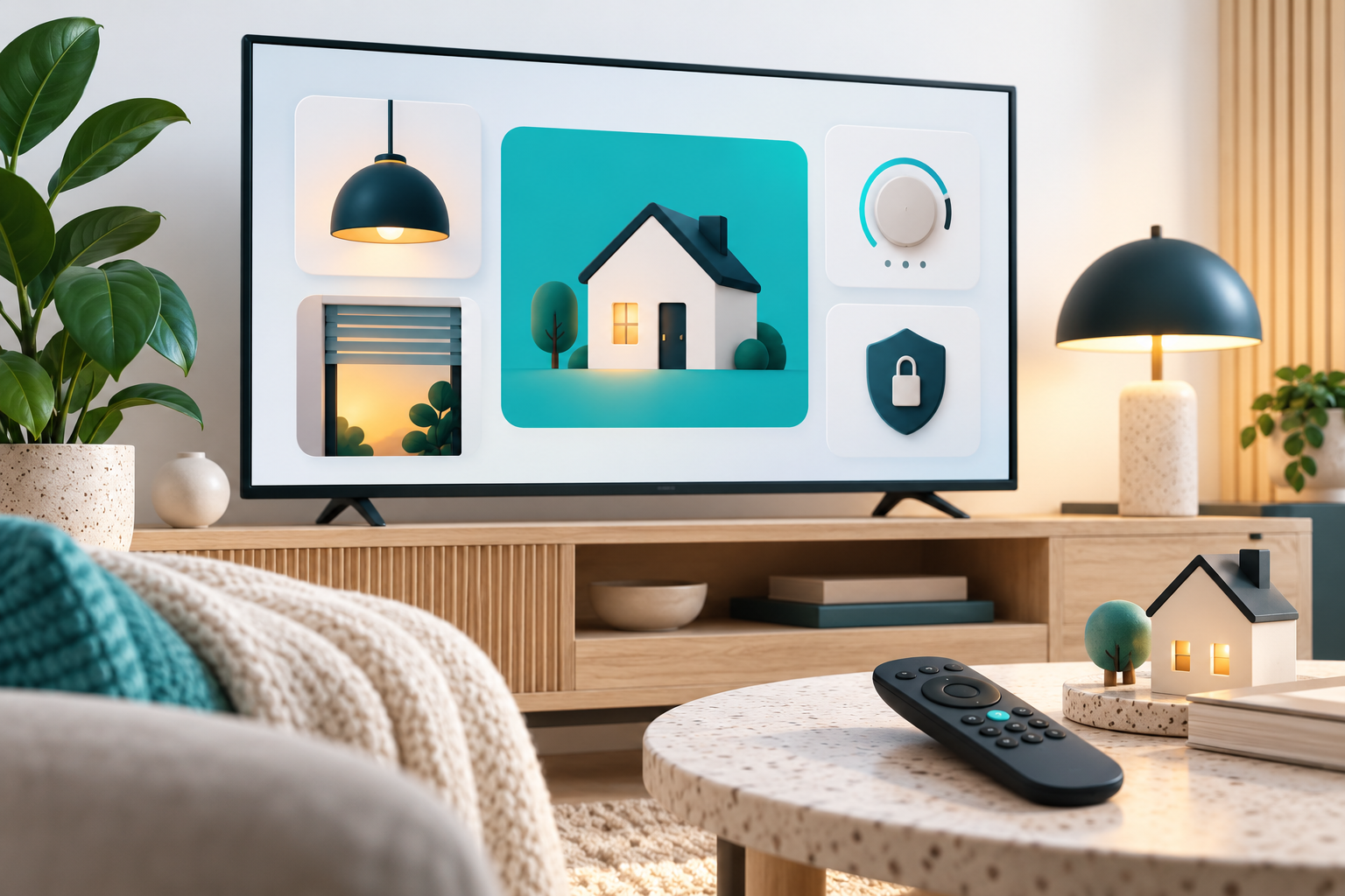 Conceptual television smart-home interface with remote control, lamp, thermostat and house forms.