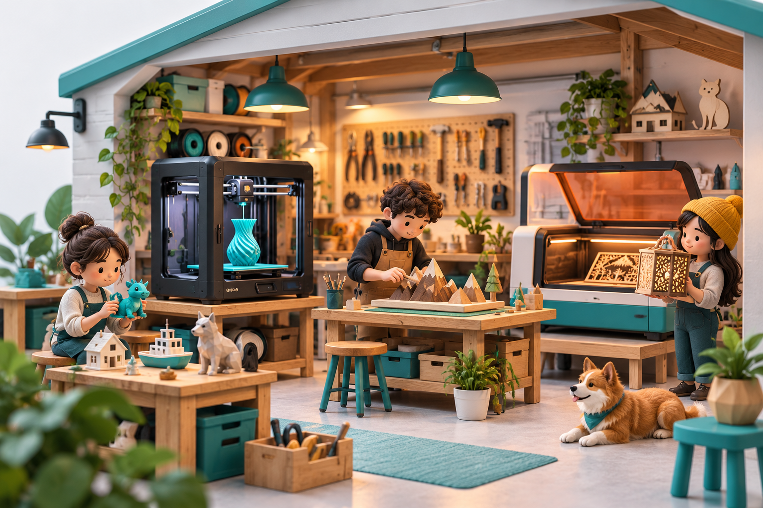 Conceptual cozy garage makerspace with miniature makers, a printer, an enclosed cutter and handcrafted objects.