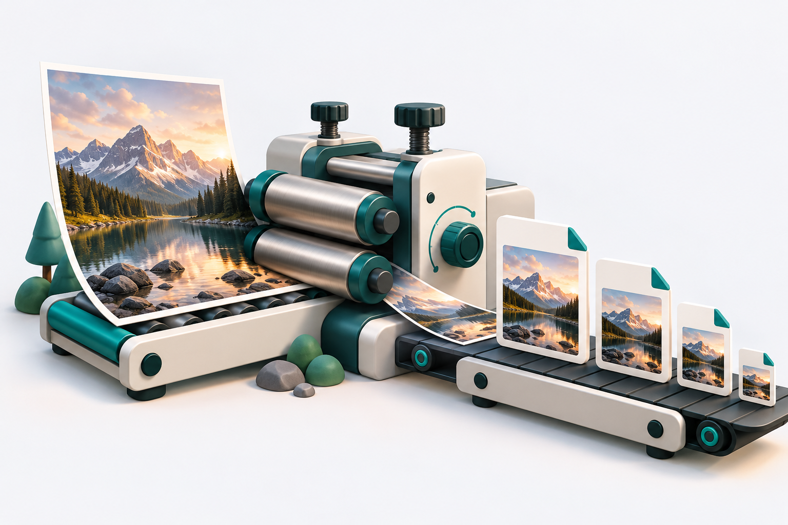 Conceptual image-conversion workshop turning a landscape image into several optimized file tiles.