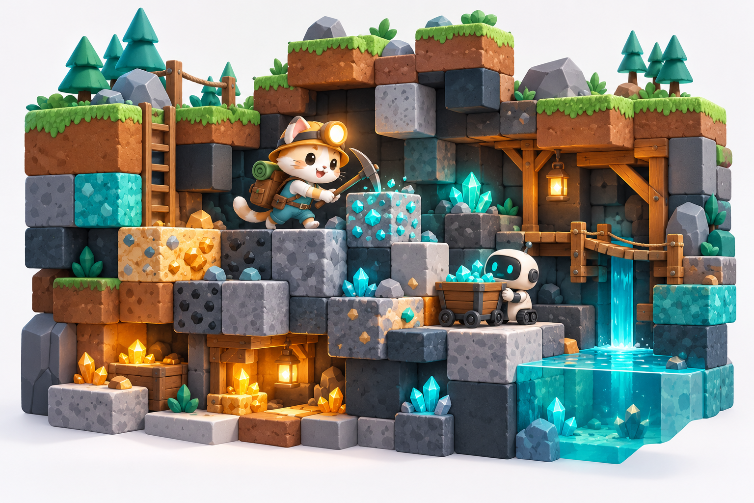 Conceptual cat miner exploring underground blocks and gems with a small helper robot.