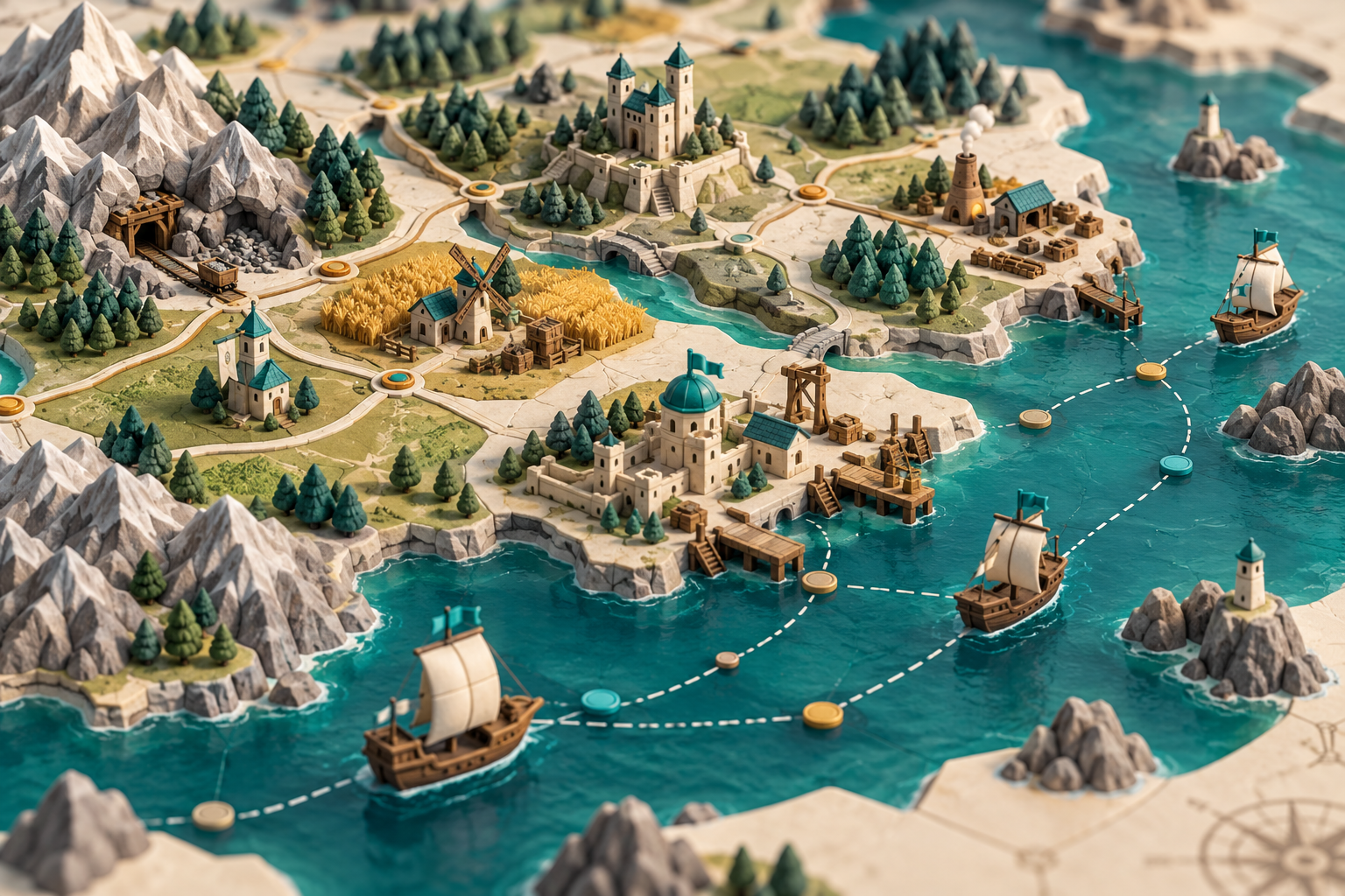 Conceptual miniature strategy map with land tiles, production buildings and trade routes.