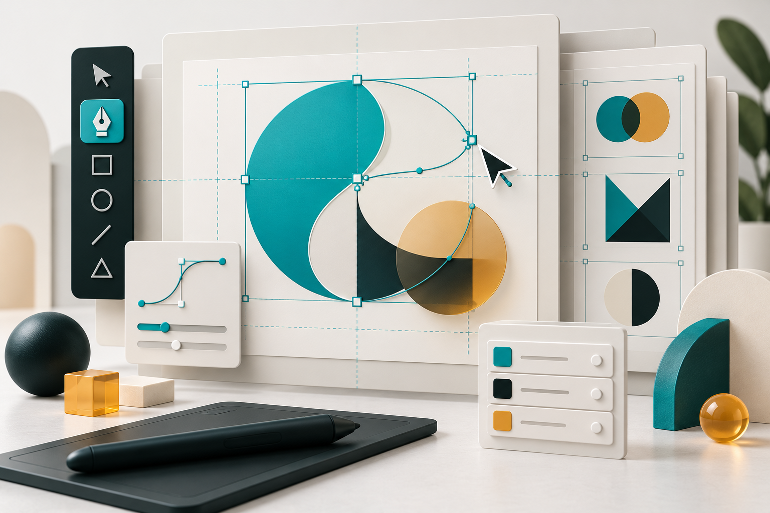 Conceptual vector workspace with Bezier handles, geometric shapes, guides and layered artboards.