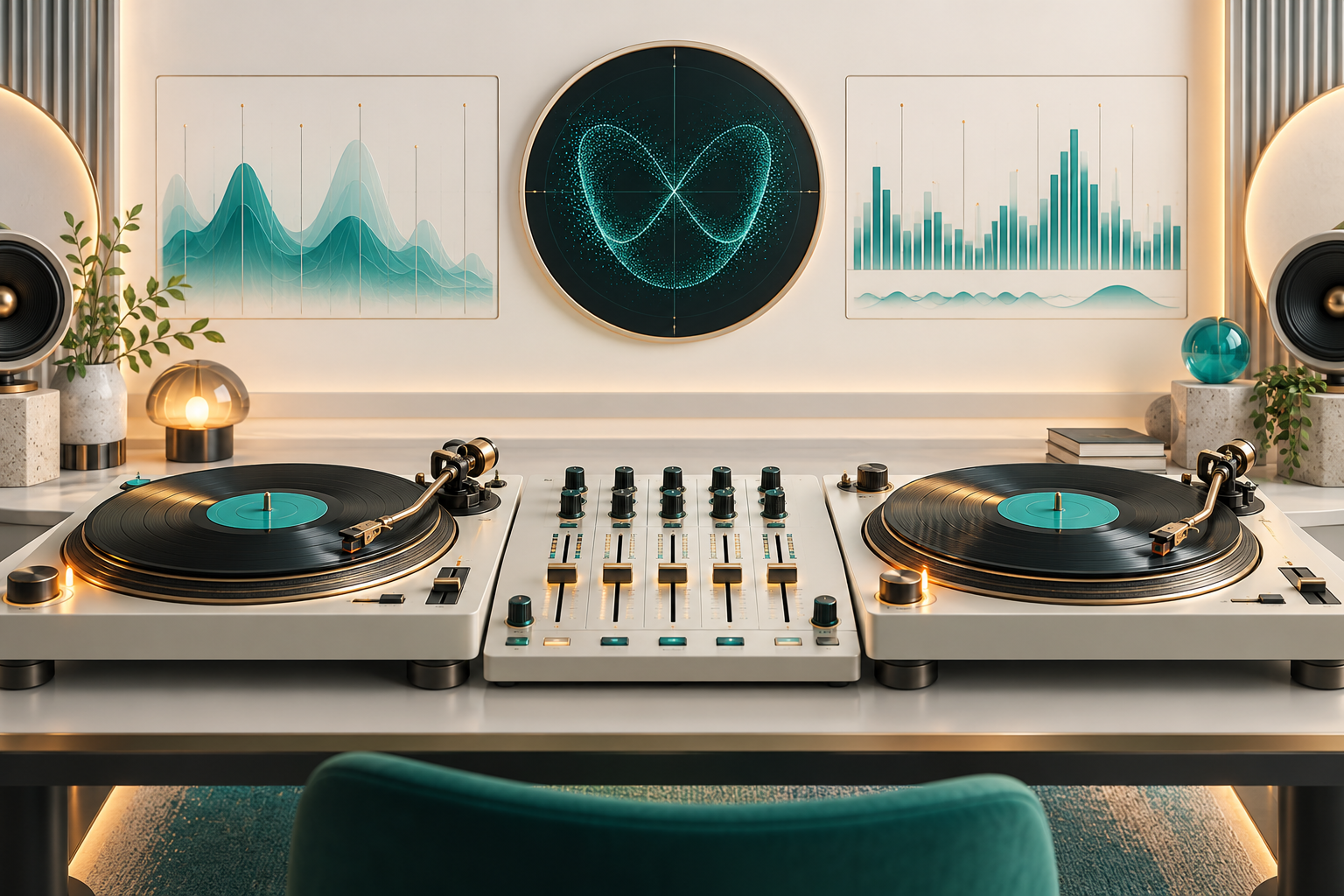Conceptual audio laboratory with dual decks, a mixer, spectral displays and a stereo vectorscope.