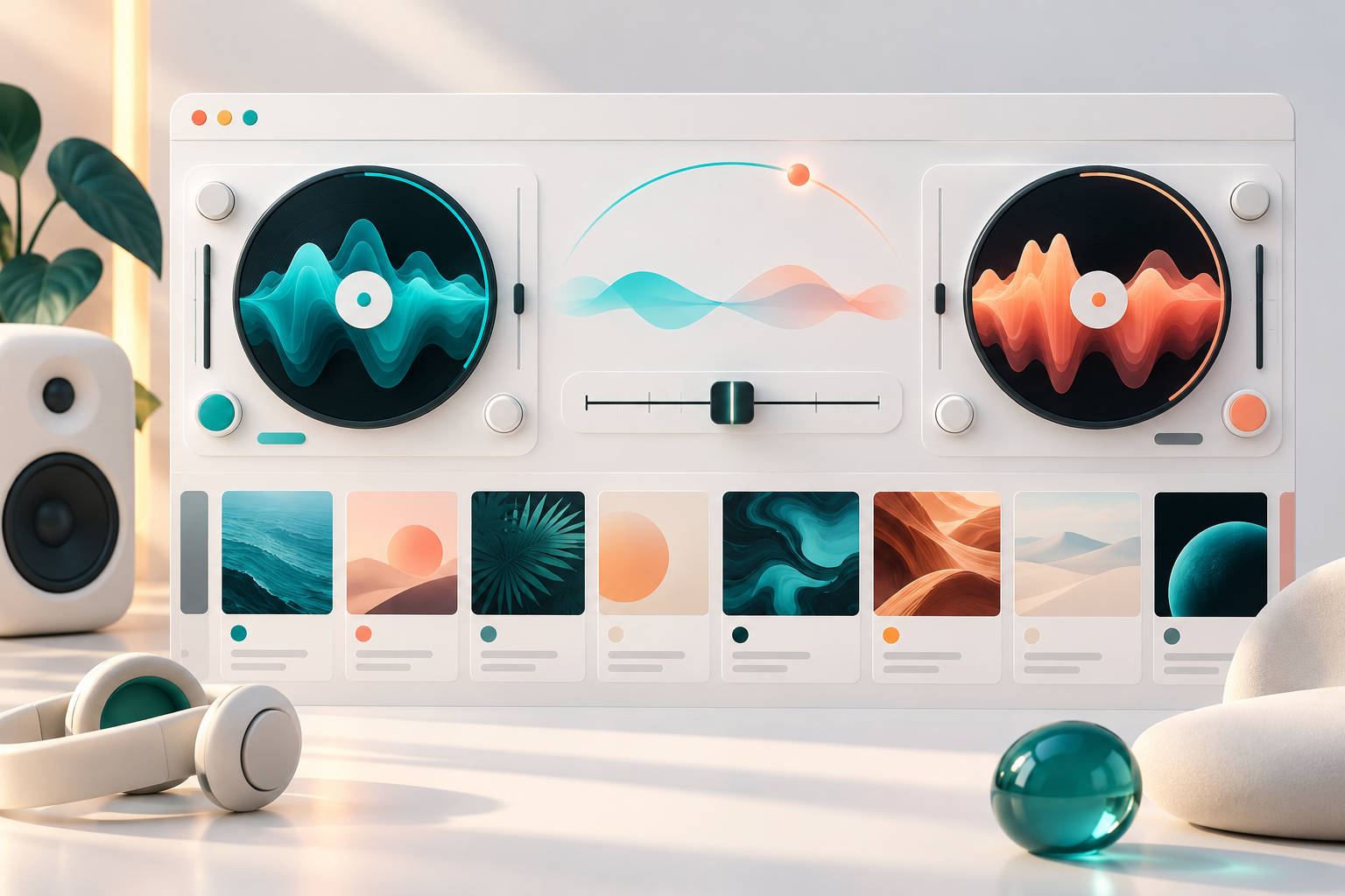 Conceptual browser DJ studio with two waveform decks, a crossfader and music-library cards.