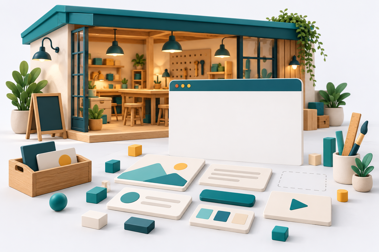 Conceptual makerspace facade with a blank website canvas and unassembled design blocks.