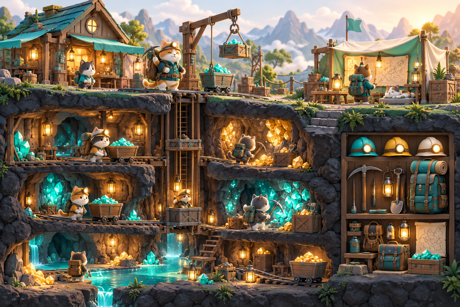 Conceptual cat-mining base with equipment racks, backpacks and underground treasure blocks.