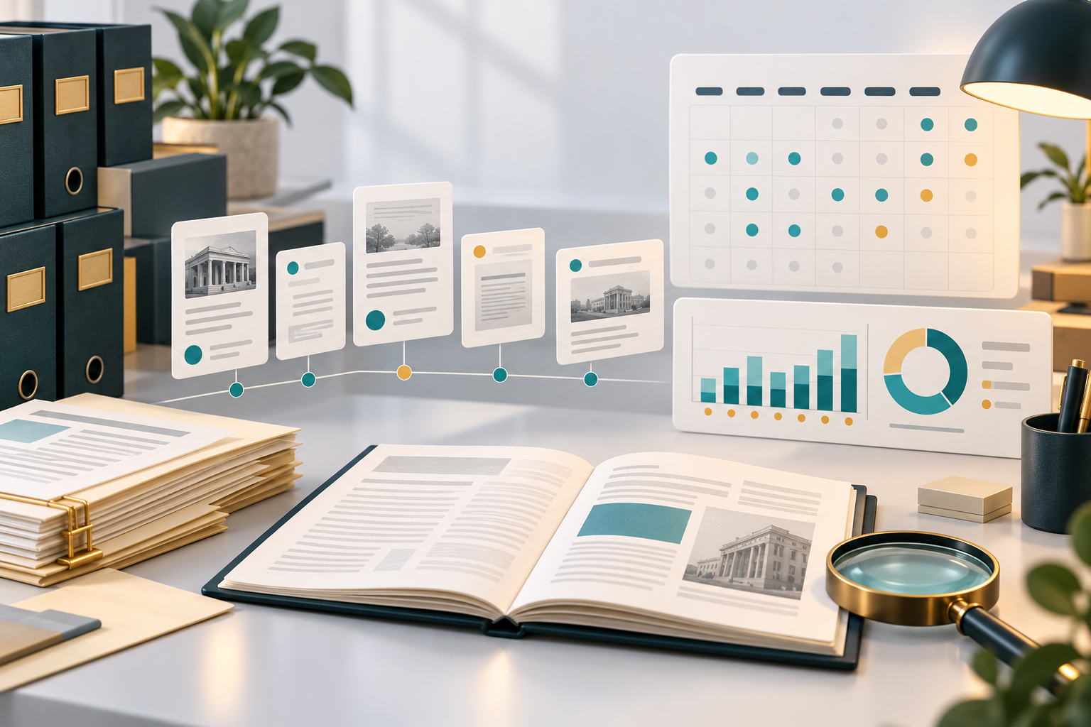 Conceptual public-notice archive with timeline cards, a coverage calendar and aggregate charts.
