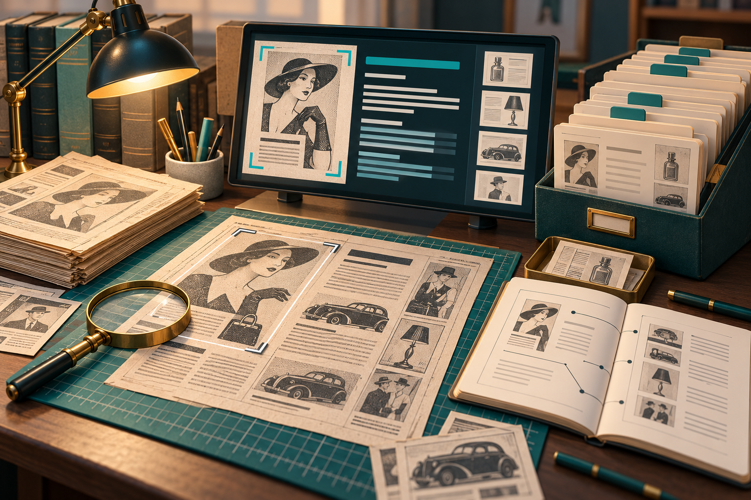 Conceptual historical-advertising workbench with invented newspaper layouts, crop frames and archive cards.