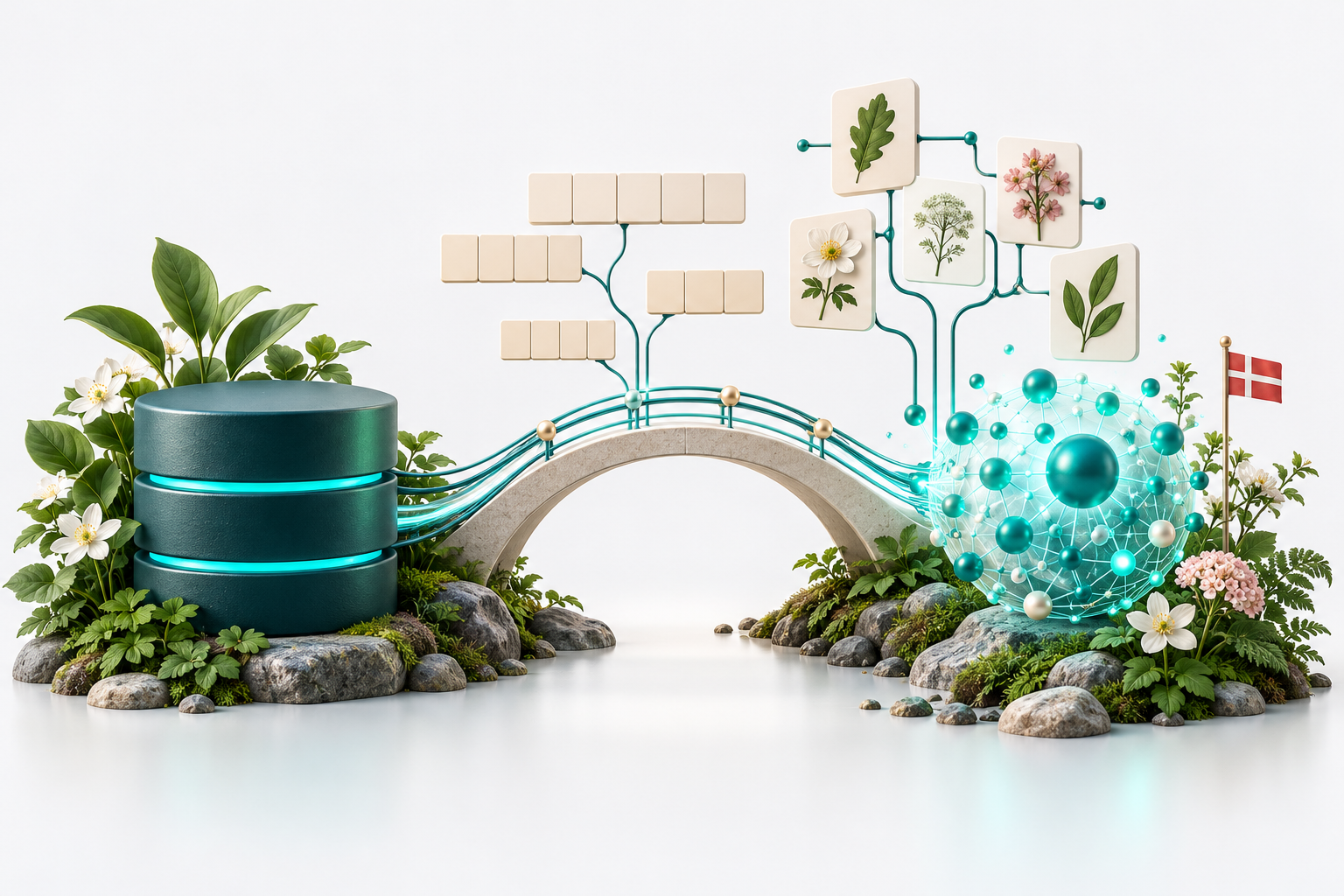 Conceptual illustration of a local database connected across a bridge to an abstract AI network and blank dictionary tiles.