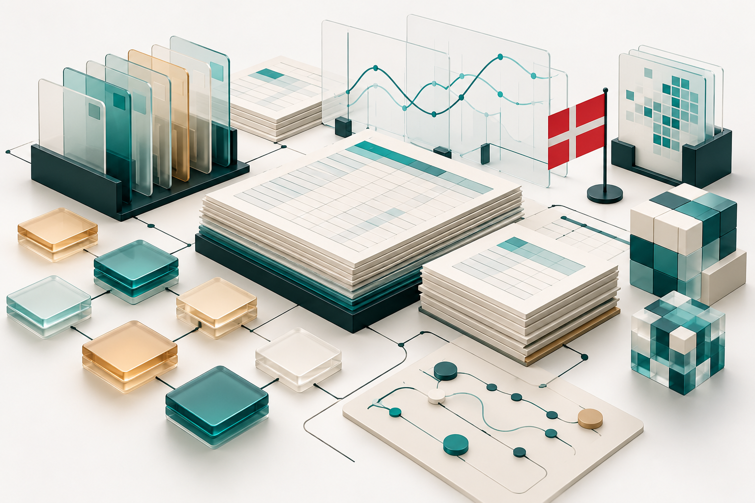 Conceptual illustration of Danish open data as organized tables, file tiles, time-series charts and a small Danish flag.