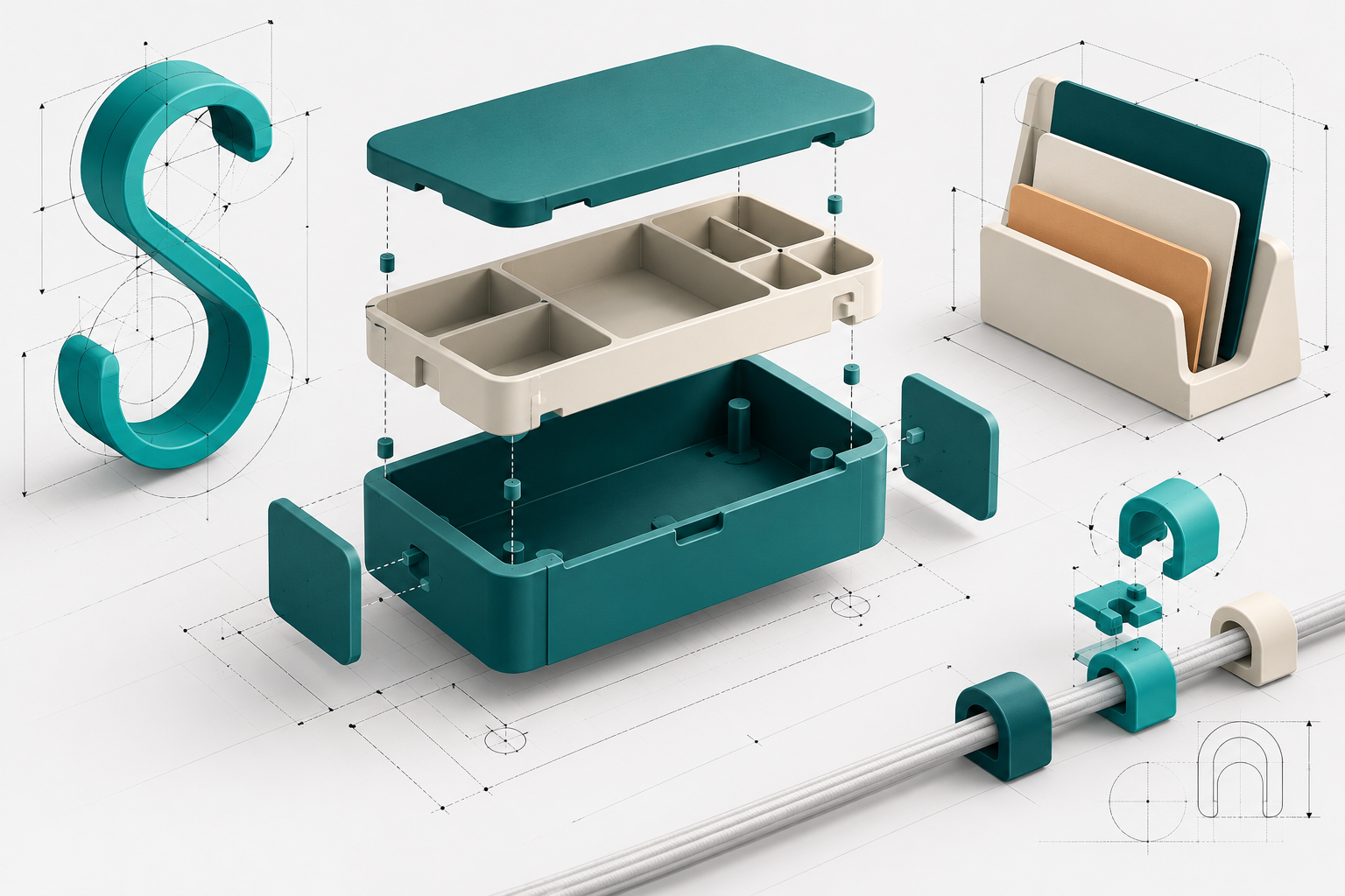 Conceptual digital illustration of a parametric storage box, S-hook, card holder and cable clips with construction guides.