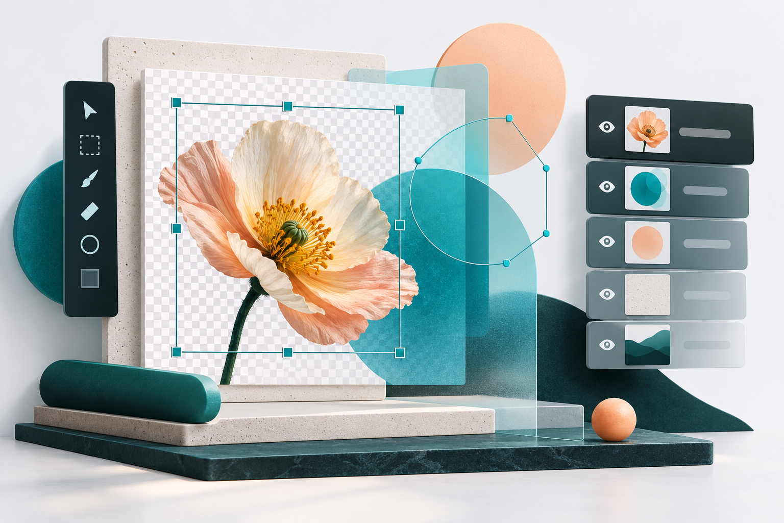 Conceptual layered image-editing workspace with a flower cutout, vector shapes and editable layers.