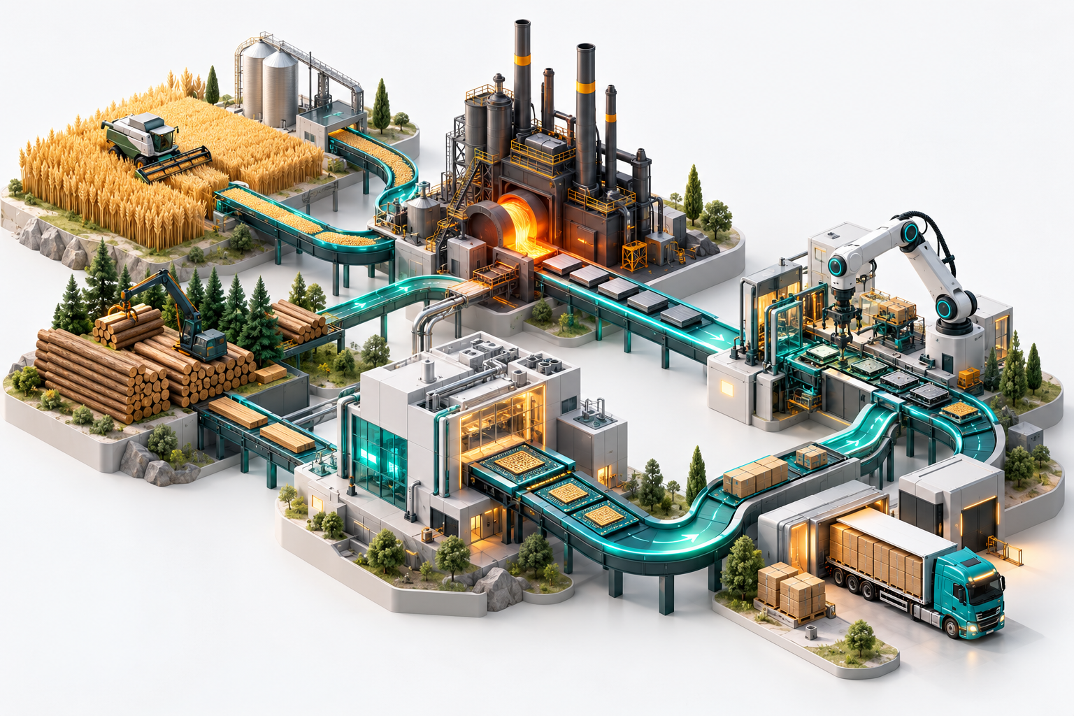 Conceptual isometric industrial world linking farms, materials processing, electronics and logistics with turquoise conveyors.