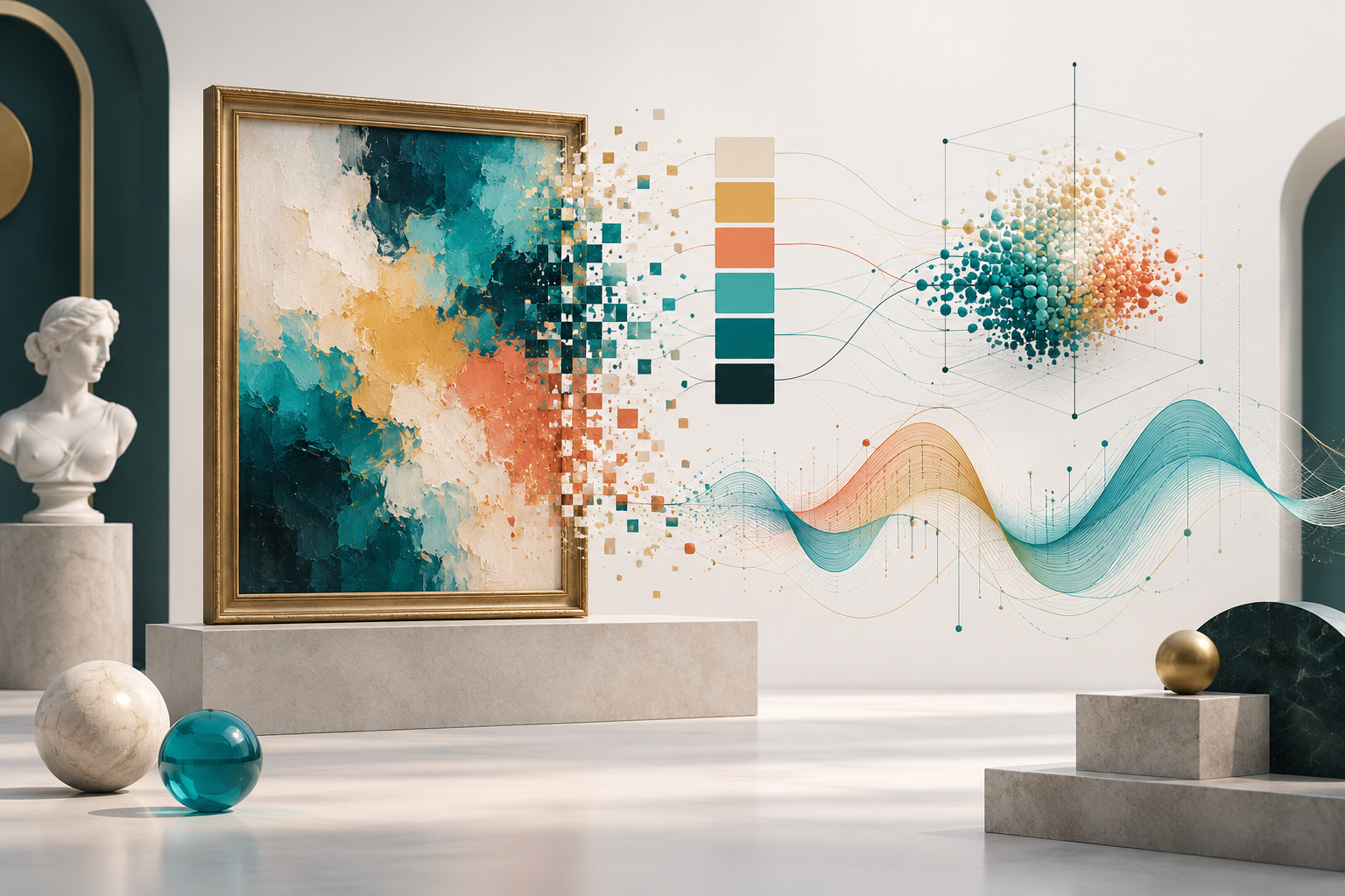 Conceptual illustration connecting an abstract painting to color-palette swatches, a color-space cloud and sound waves.