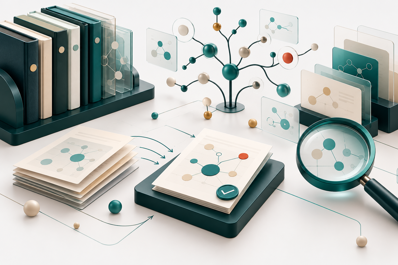 Conceptual illustration of a technical reference library with linked knowledge cards, revision stacks and an editorial approval marker.