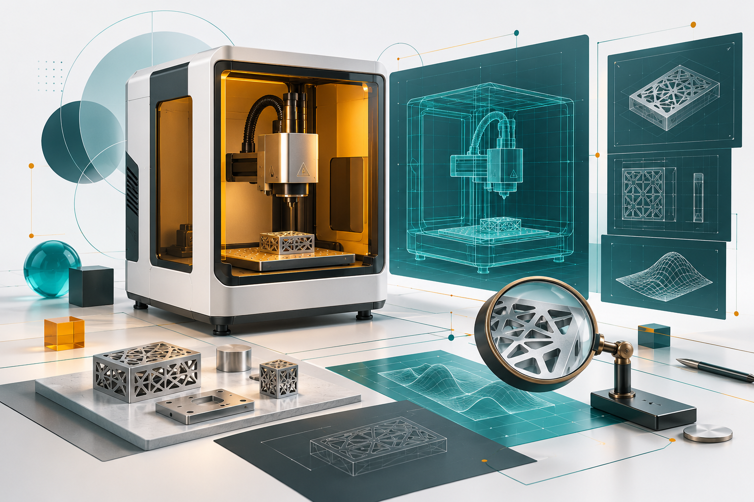 Conceptual illustration of an enclosed laser research workbench beside a digital wireframe model and inspection tools.